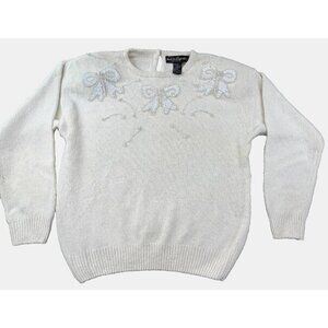 Vintage Work In Progress Womens Large Sweater Beige Pearl Bow Embellished Angora